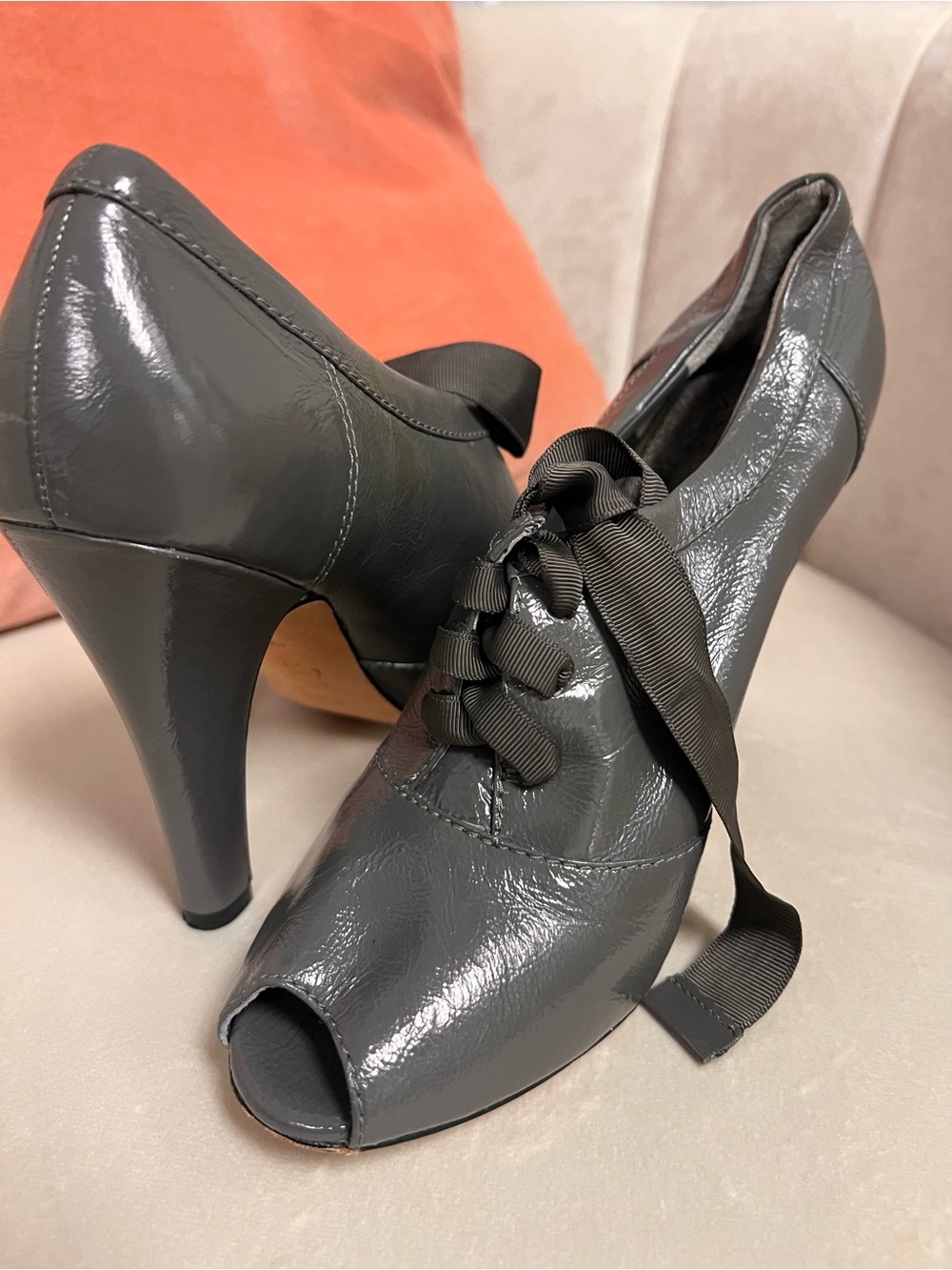 Charcoal Patent Peep-Toe Ribbon Lace-Up Heels